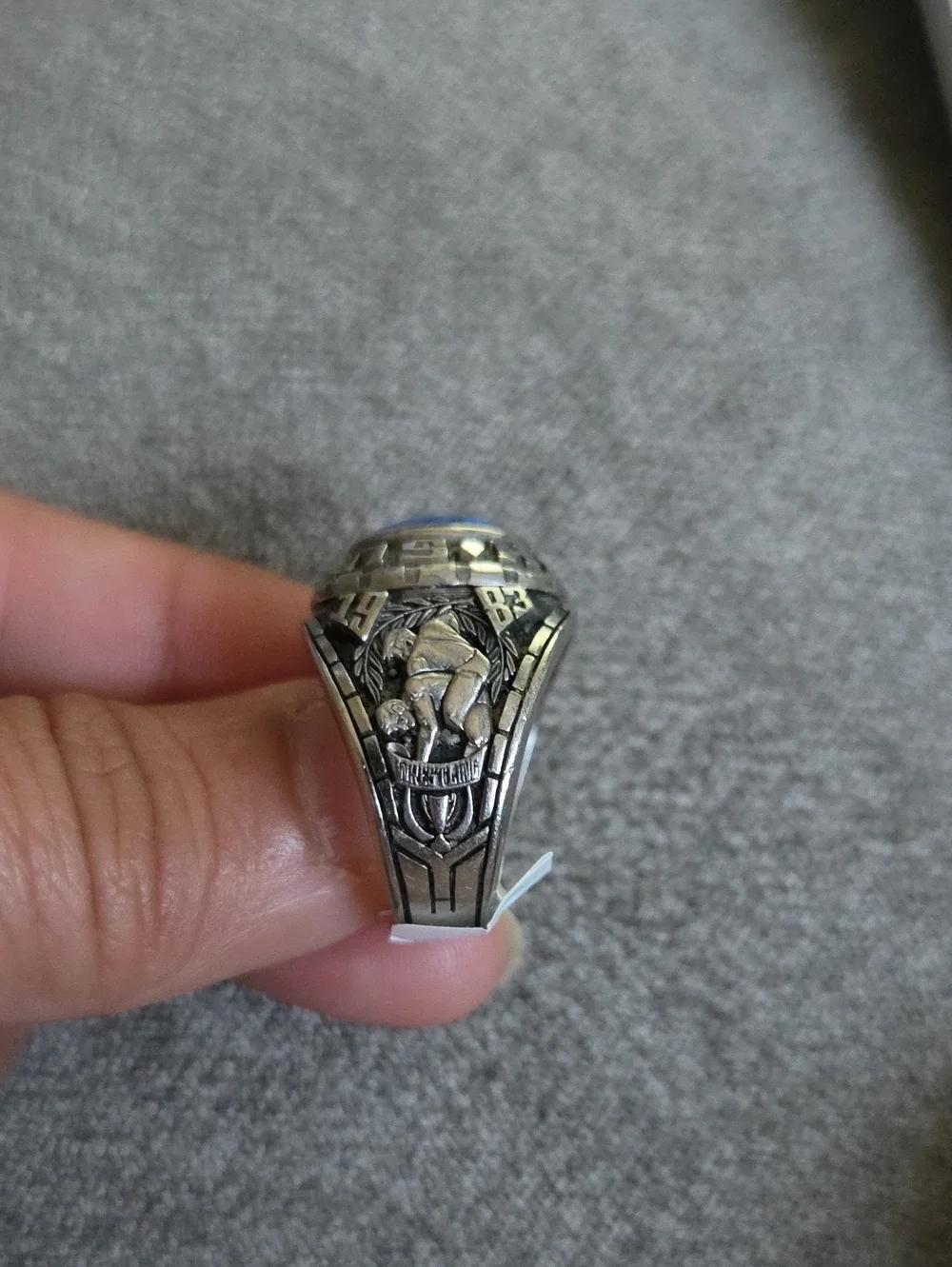 Vtg Size 9 1983 Stainless Steel Blue Stone Signet Ring Sumter High Wrestling